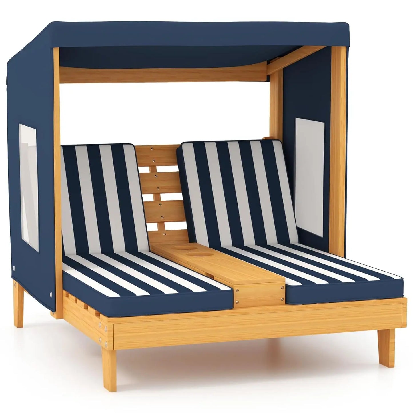 Kids Outdoor Wooden Lounge Chair With Canopy And Cup Holders