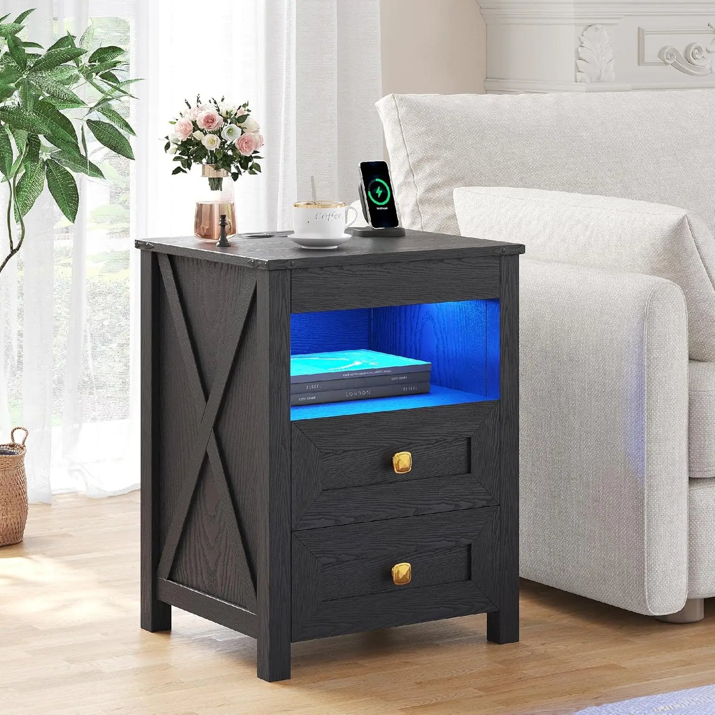 LED Nightstand with Gun Drawer: Bedside Table with Charging Station for Bedroom Furniture – Farmhouse Night Stand, Customized