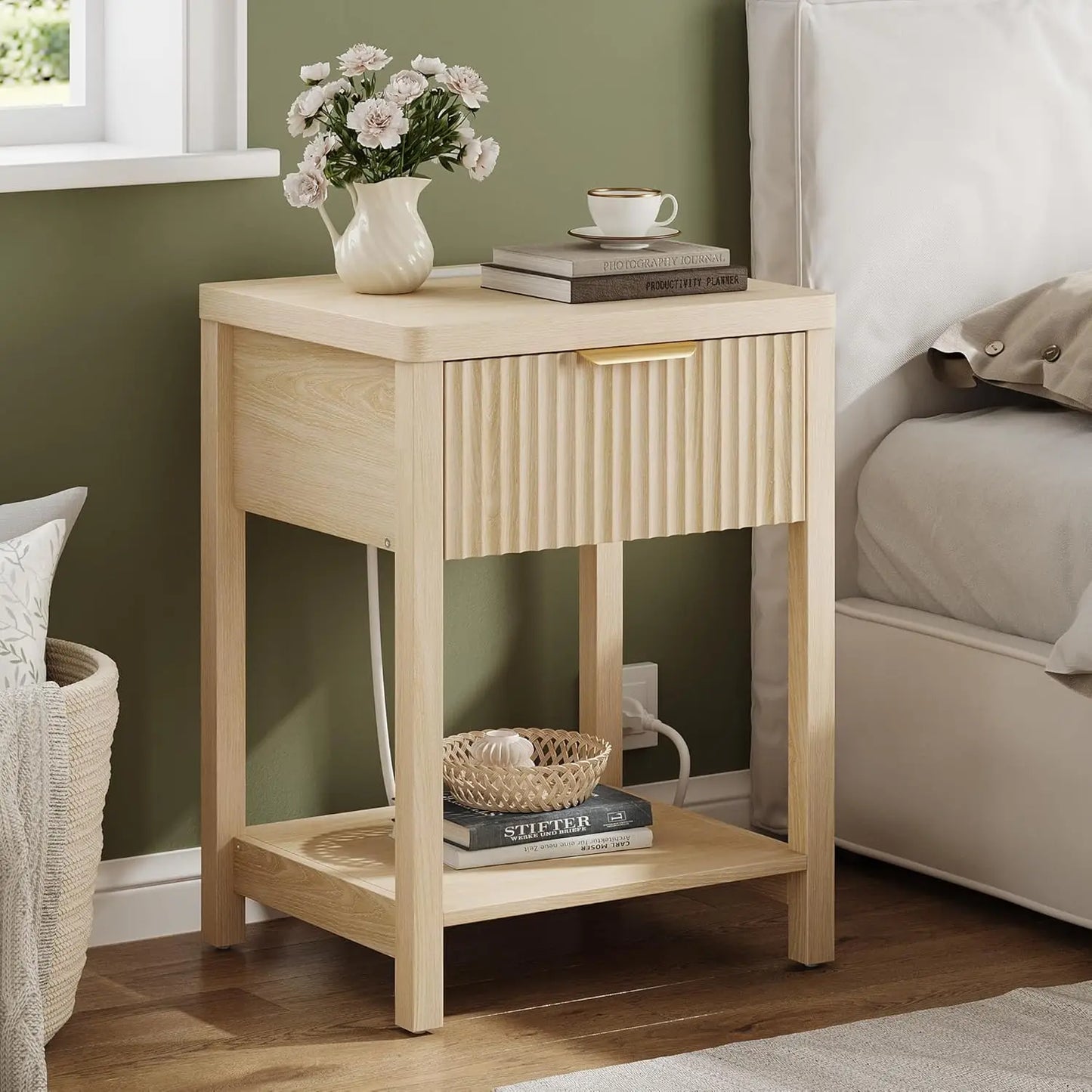 Night Stand Set 2, Fluted Nightstand with Charging Station, Wood Modern Bedside End Table with Storage Drawer for, Customized