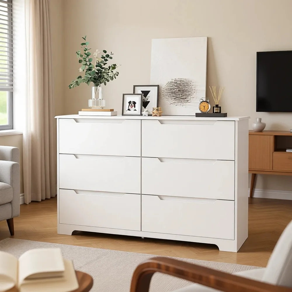 6-Drawer Wooden Dresser With Anti-Tip Design For Bedroom