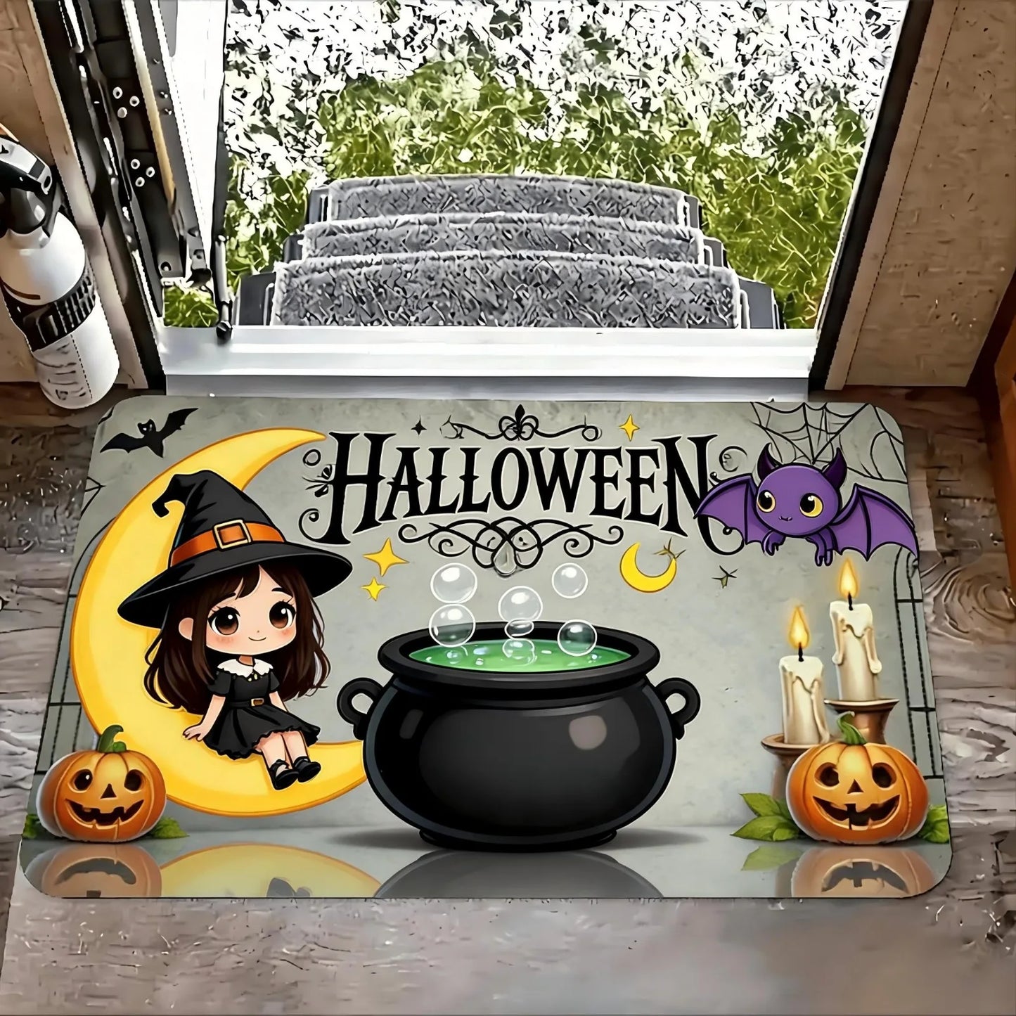 1pc Door Mat with Halloween Pumpkin and Cat Design, Welcome Floor Mats, Polyester Area Mat for Laundry Room and Kitchen, Room Decoration, Guest Room Decor