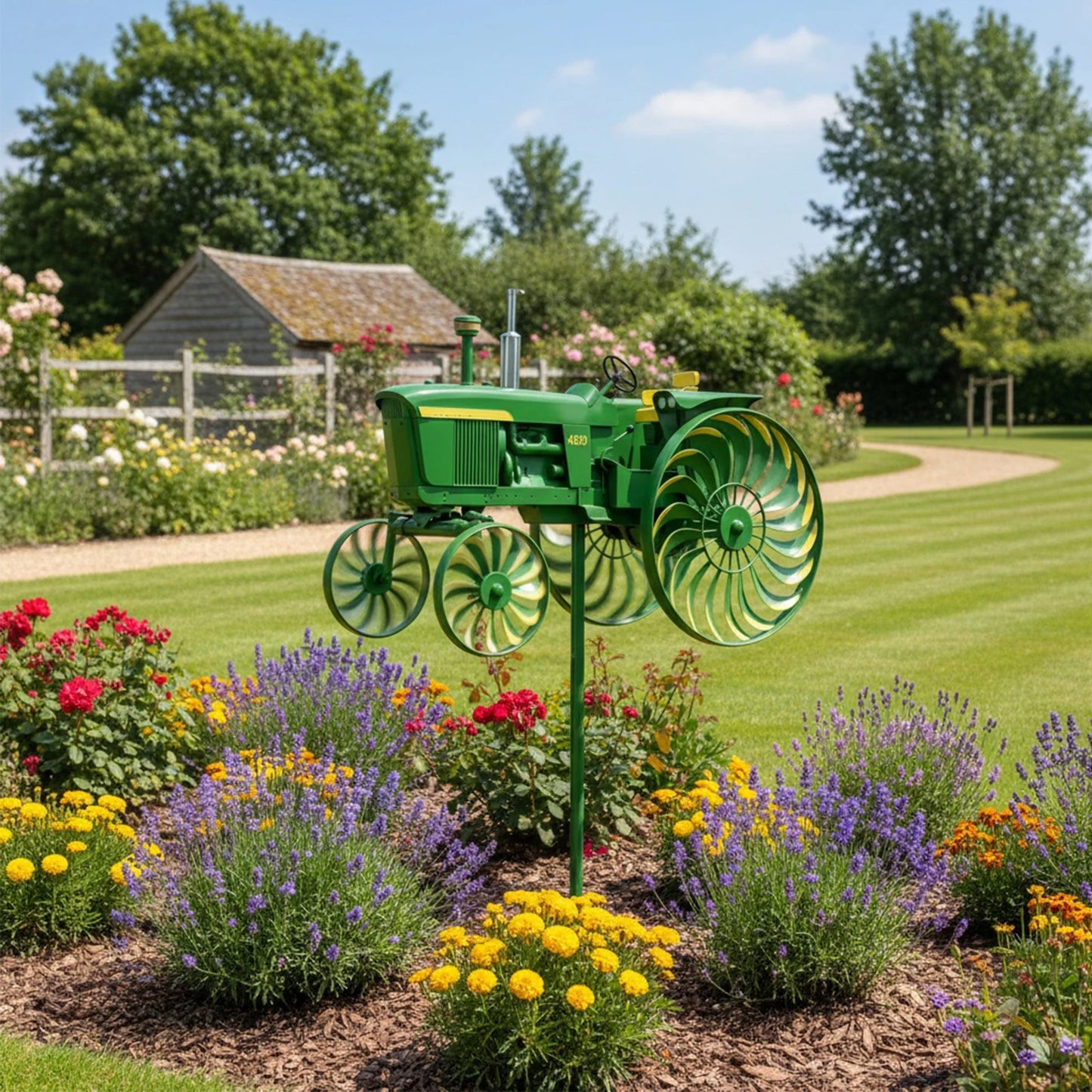 Shunmaii Metal Wind Spinner With Rotating Tractor Wheels Garden