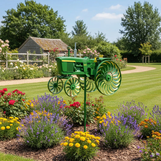 Shunmaii Metal Wind Spinner With Rotating Tractor Wheels Garden