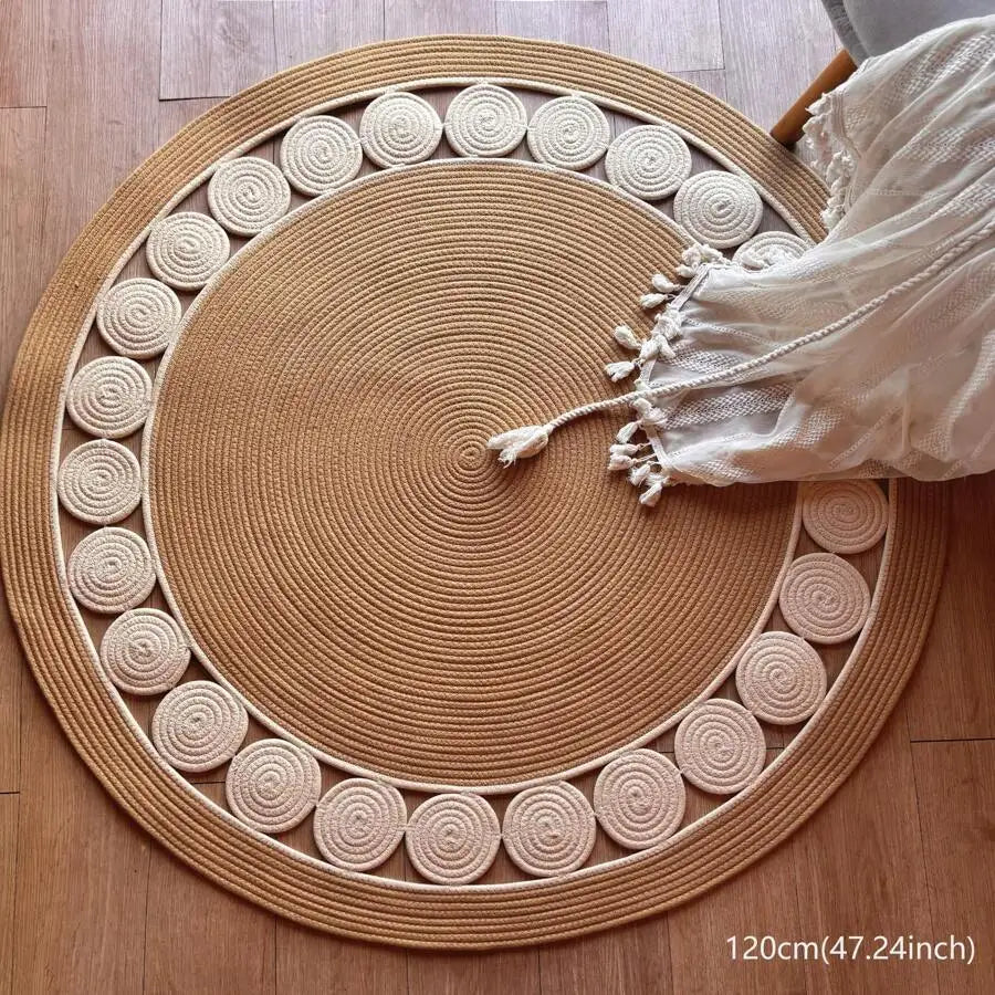 Bohemian style hand-woven linen fiber round rug, beige non-slip rug, suitable for living room, garden, bathroom, kitchen, machine washable and pet-friendly