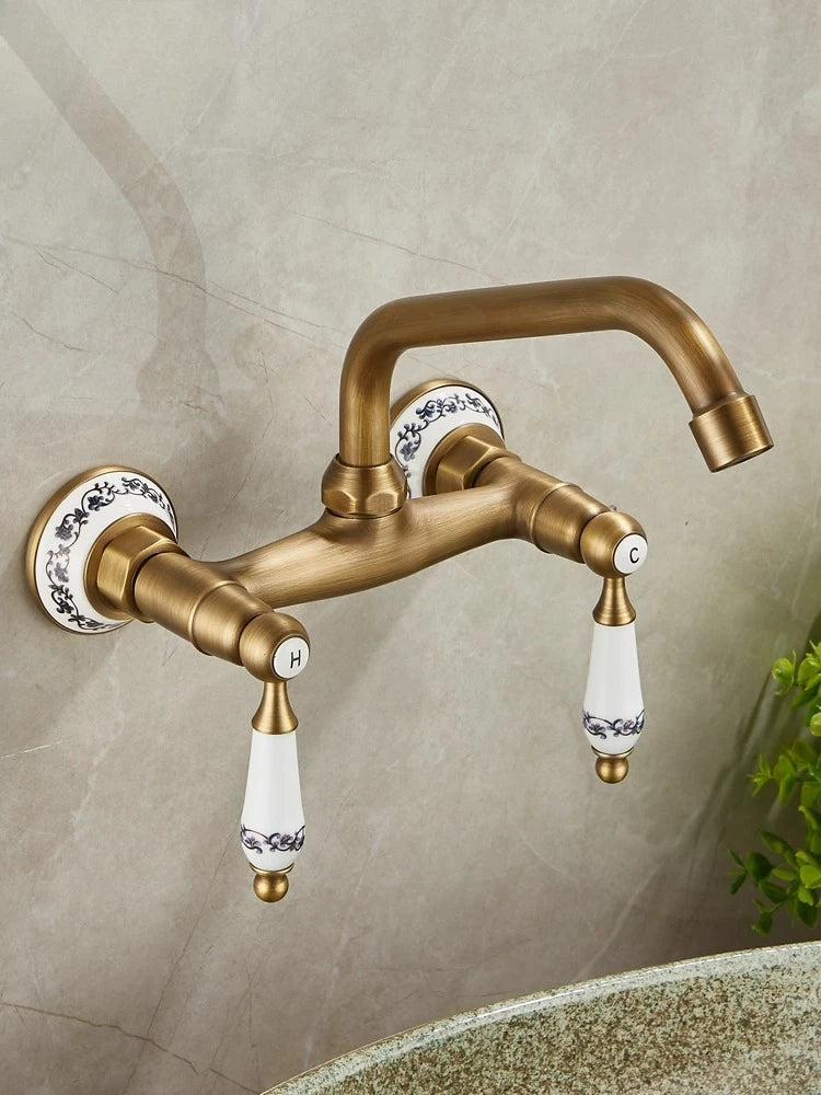 Brass Antique Wall Mounted Washbasin Faucets Double Handle Double Hole Rotatable Wall Mounted Retro Hot and Cold Faucet