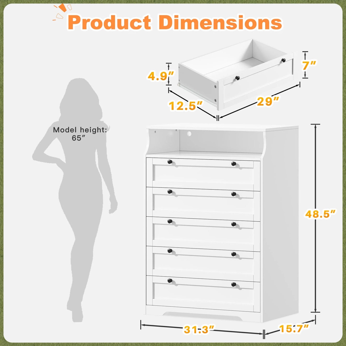 5 Drawer Dresser With LED Lights And Shelves For Bedroom