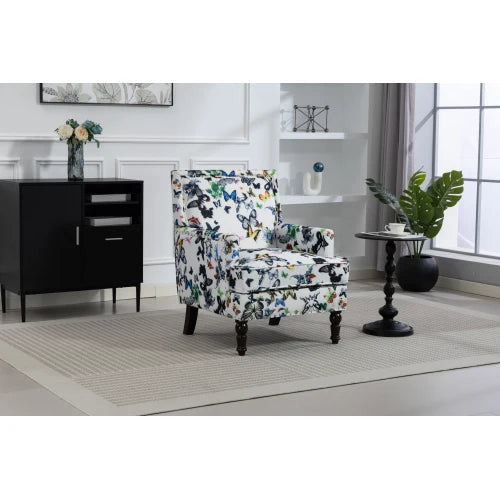 Upholstered Accent Chair, Vintage Armchair with Blue and white porcelain print Linen Fabric and Nailhead Trim for Living Room
