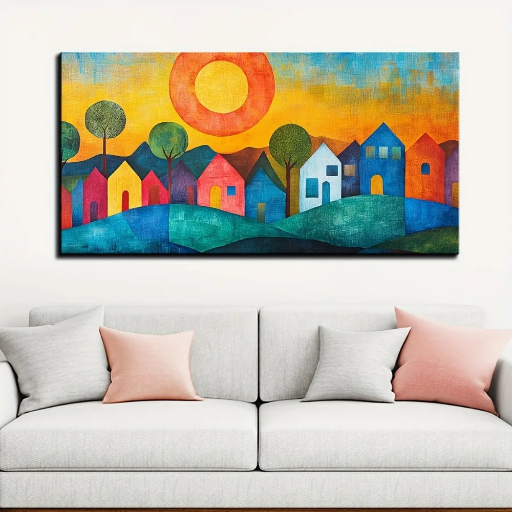 Abstract House Canvas Wall Art With Pine Wood Frame