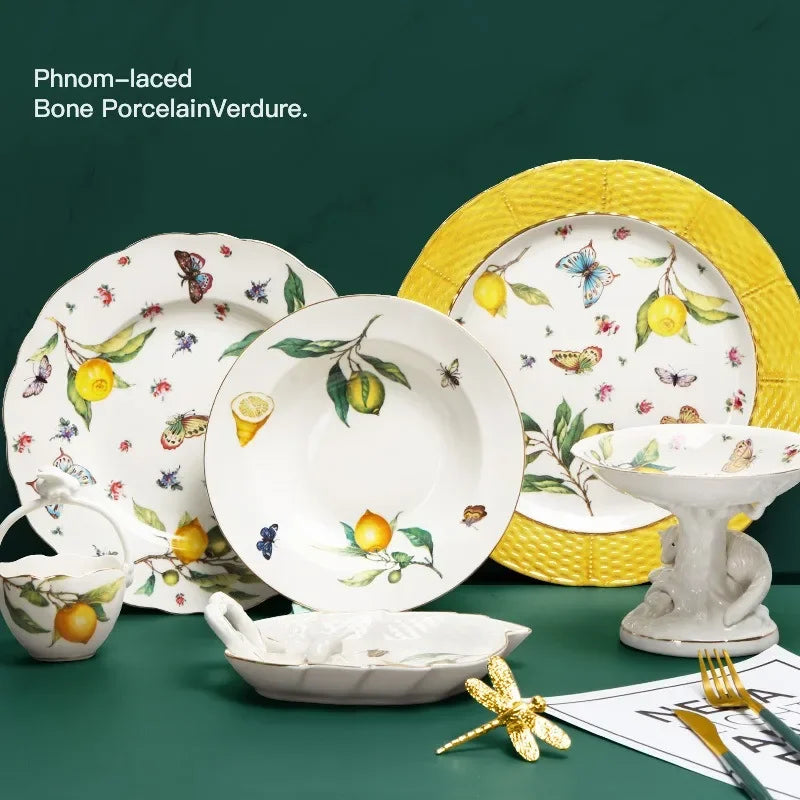European Style Ceramic Dinner Plate Elegant Lemon Pattern