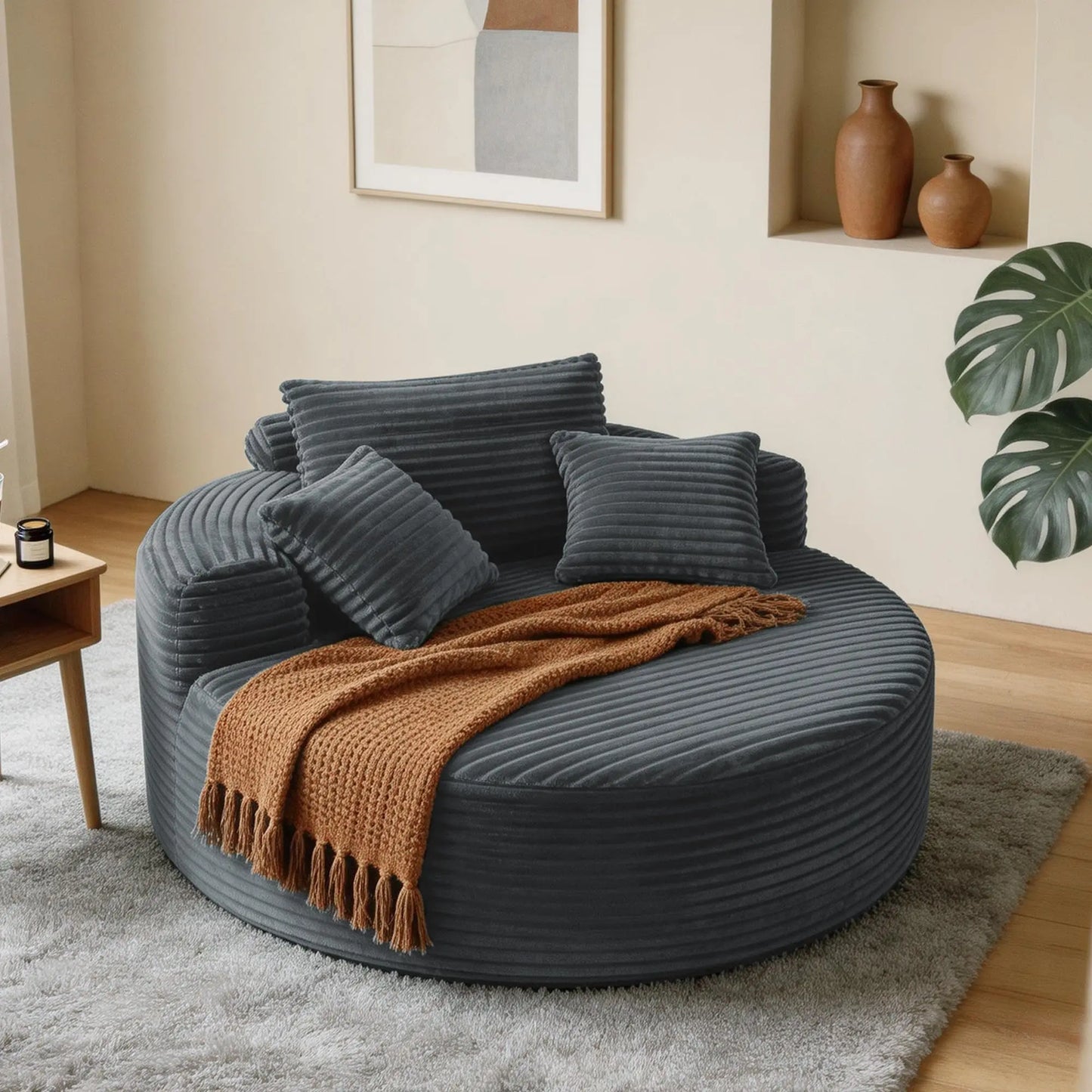HiMISS Round Indoor Chair Corduroy With 3 Pillows For Living Room