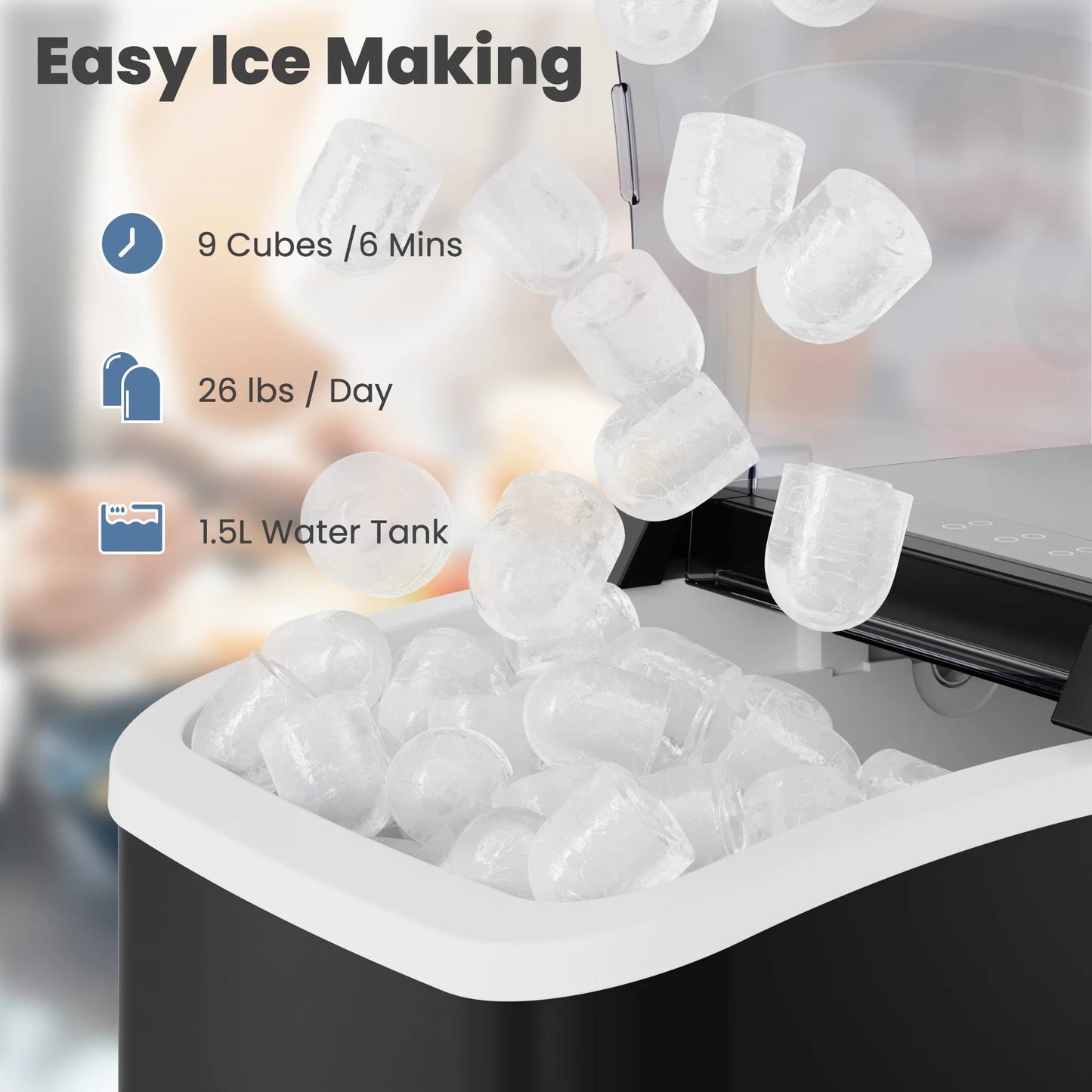 JHK Portable Kitchen Ice Machine Countertop Ice Maker with Handle 9 Bullet Ice Cubes Ready in 6 Mins Self-Cleaning Quiet Compact Ice Maker for Home Camping