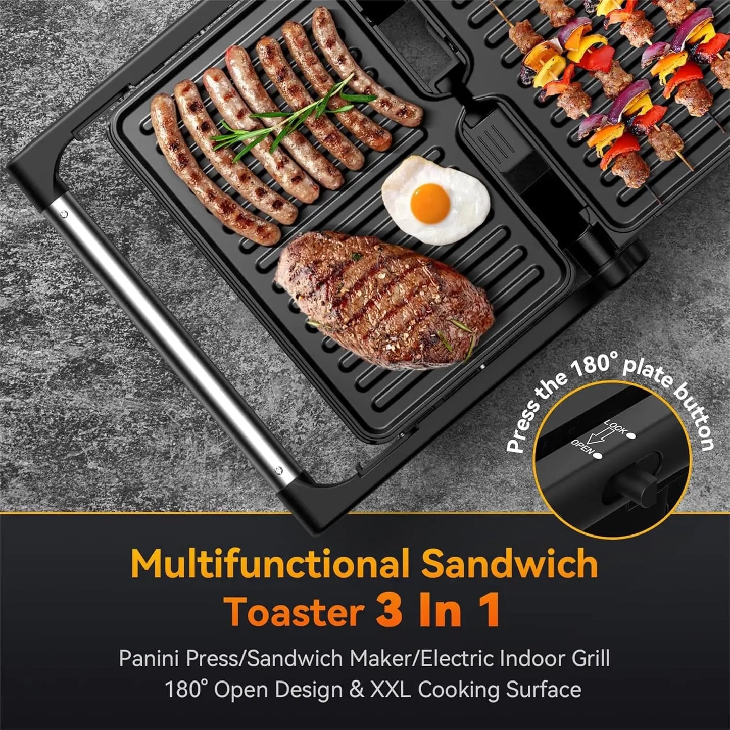 Panini Grill Press, 1200 W Sandwich Maker, Fits 2 Slices of Bread, 180-Degree Opening, Easy to Clean,Versatile Use