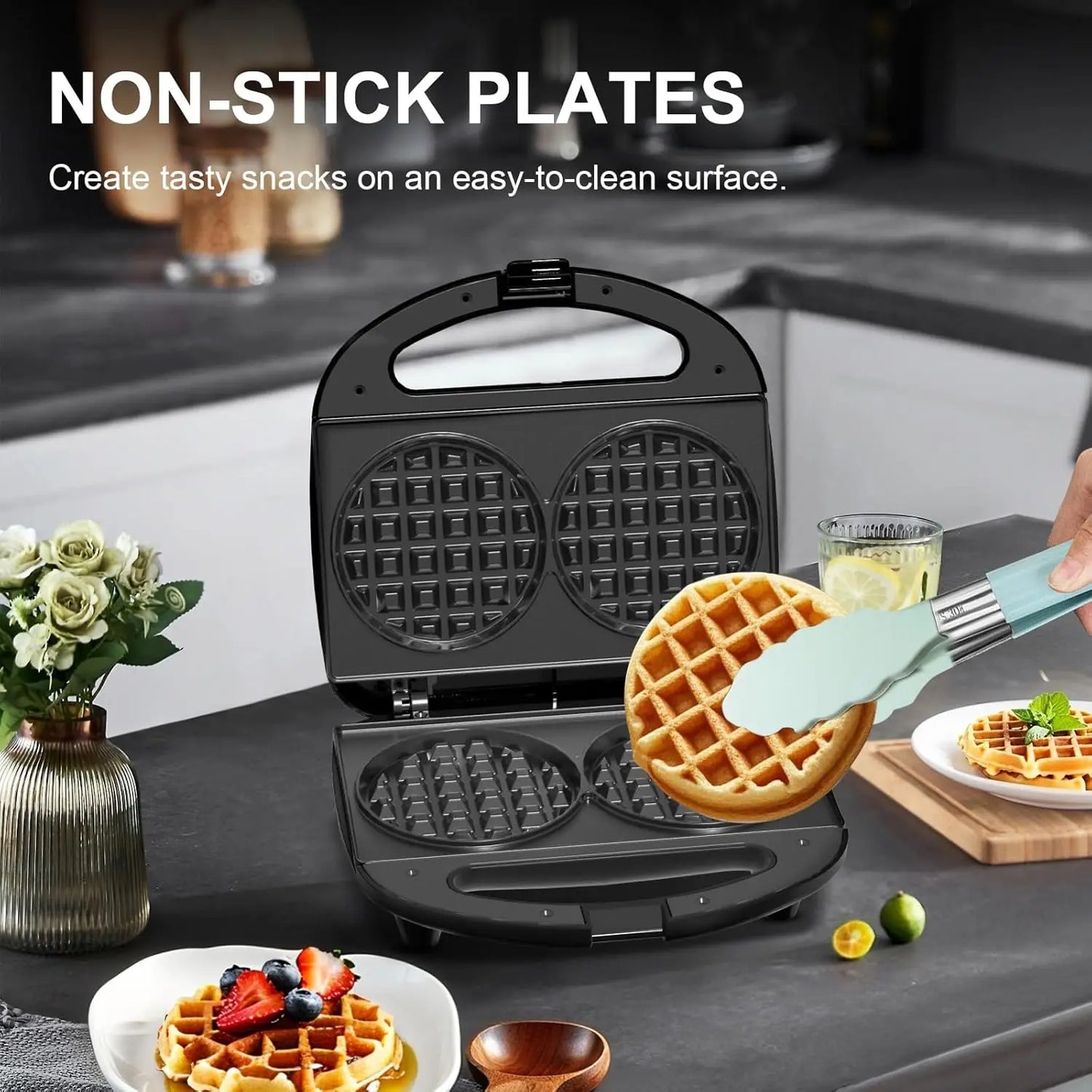 3-in-1 Sandwich Maker with Removable Plates, Panini Press, Waffle Maker, Non-Stick, 750W Compact Breakfast Grill for Sandwiches, Waffles, Steak, Black