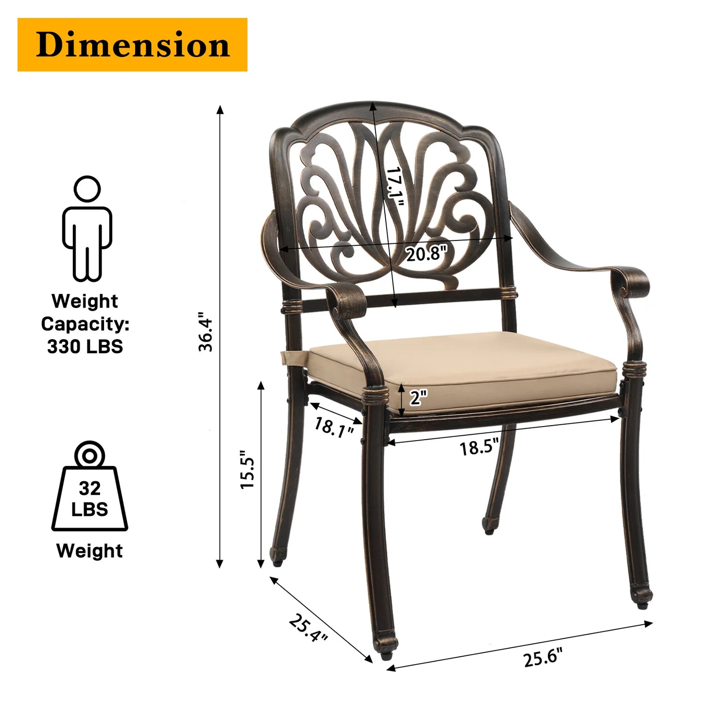 Cast Aluminum Patio Dining Chairs With Cushions, Stackable Outdoor Bistro