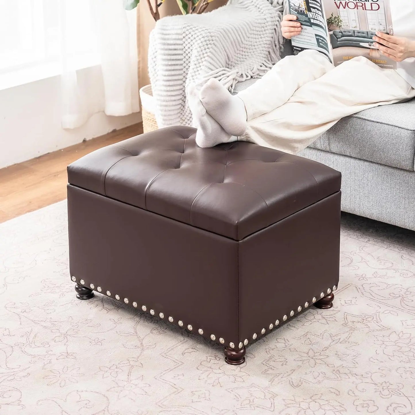 Faux Leather Storage Ottoman Bench Modern Rectangle Foot Rest
