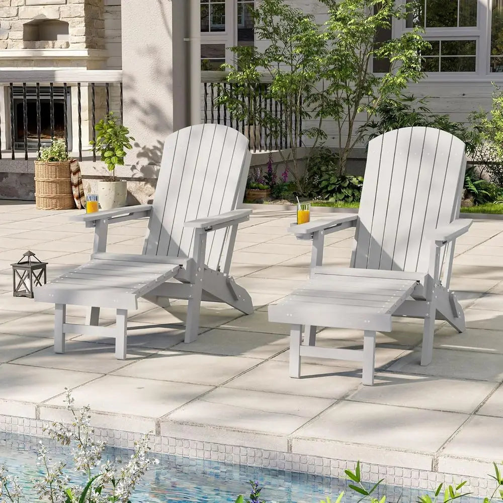 Three Position Adjustable Folding Adirondack Chair Set With Retractable Ottoman