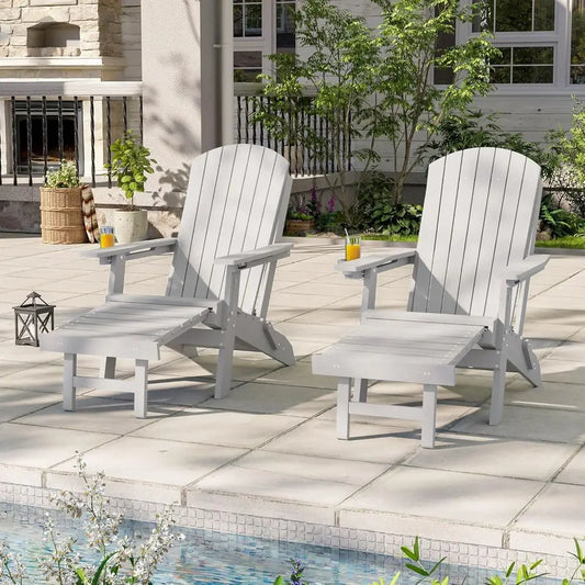 Three Position Adjustable Folding Adirondack Chair Set With Retractable Ottoman