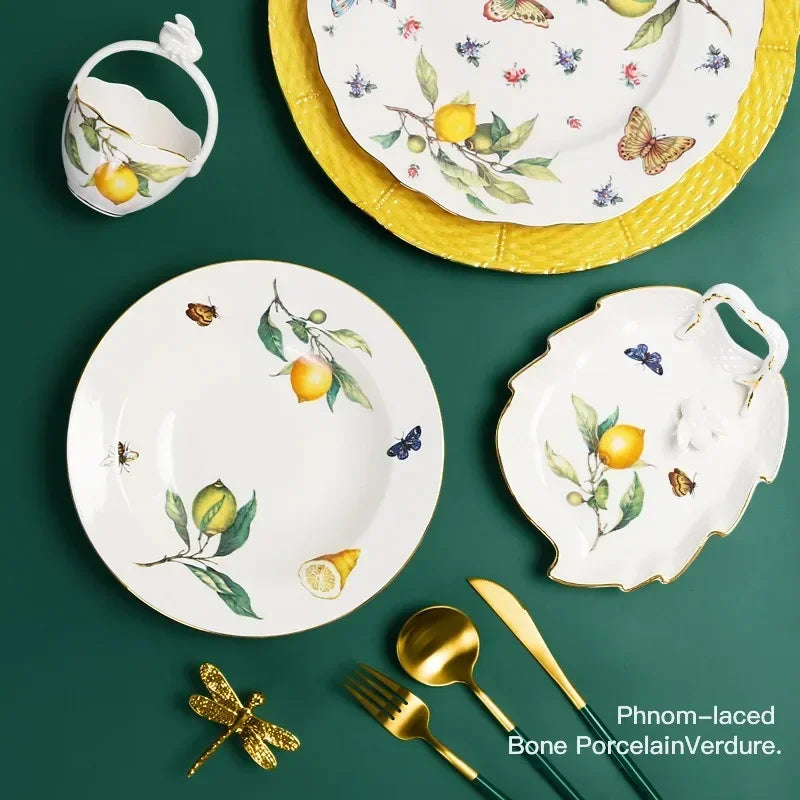 European Style Ceramic Dinner Plate Elegant Lemon Pattern