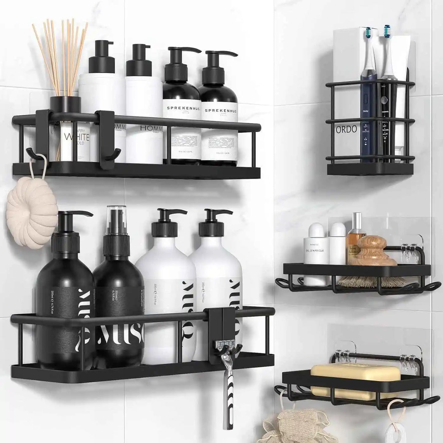 Shower Caddy Adhesive, No Drill Bathroom Shower Organizers, with Removable Hooks, Rust Proof Shower Shelves, Wall-Mounted Shower Holder