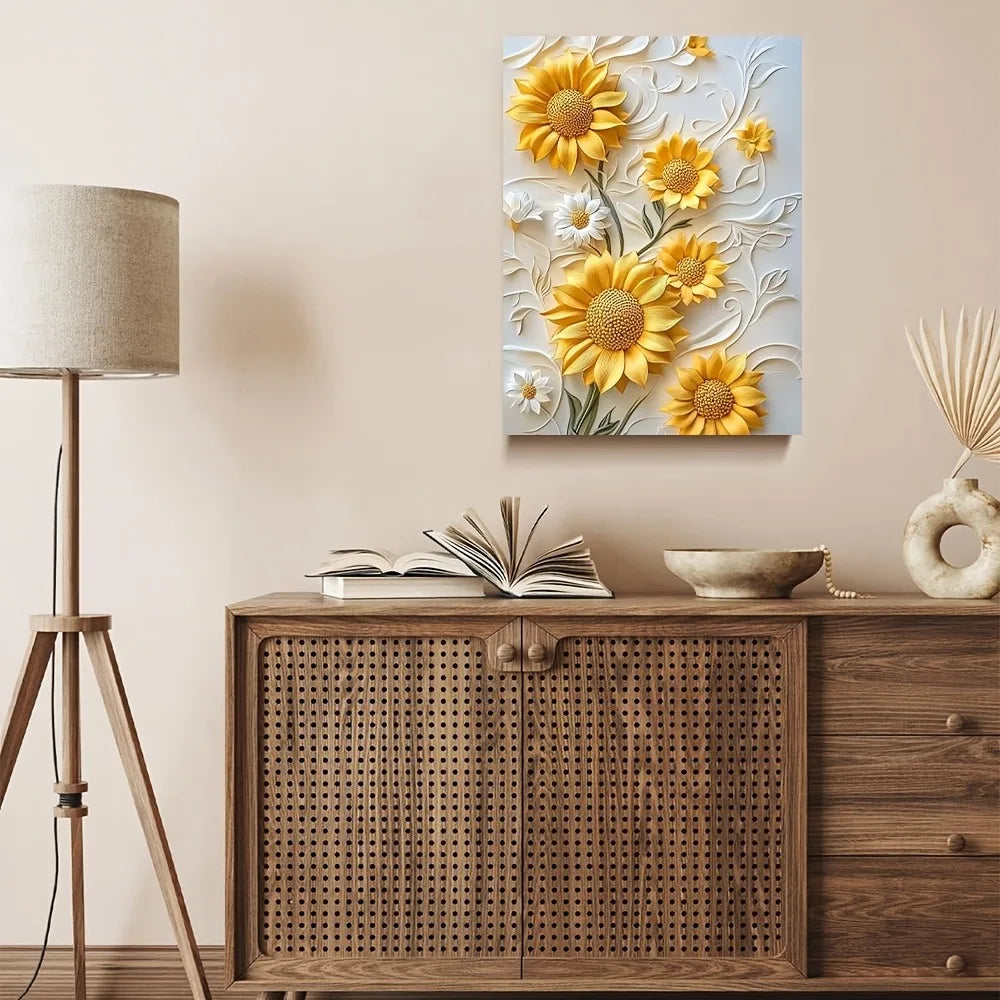 3D Sunflower Canvas Art With Wood Frame For Living Room Decor