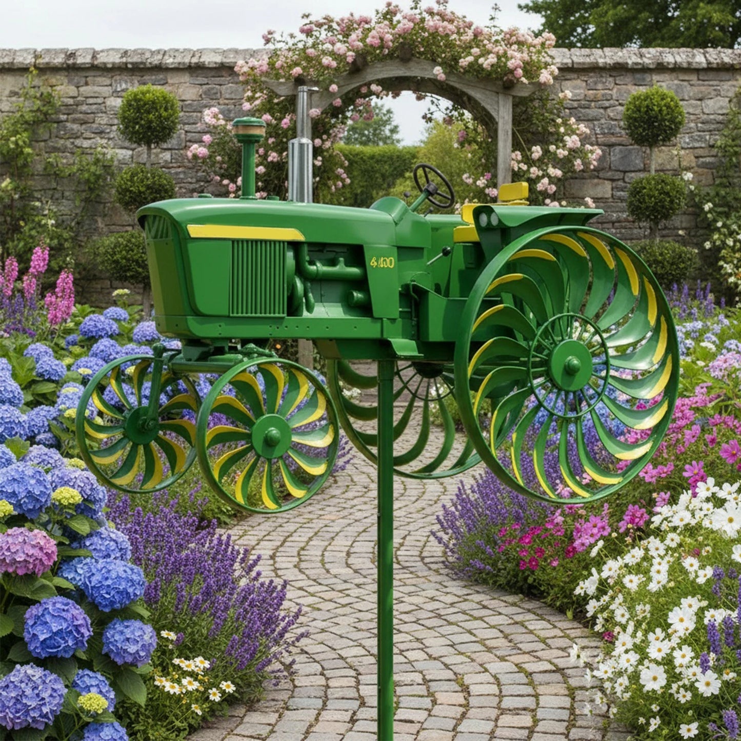Shunmaii Metal Wind Spinner With Rotating Tractor Wheels Garden