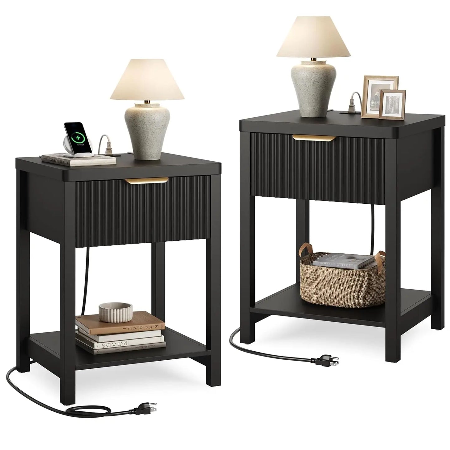 Night Stand Set 2, Fluted Nightstand with Charging Station, Wood Modern Bedside End Table with Storage Drawer for, Customized