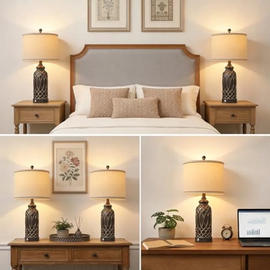 Farmhouse Table Lamps Set of 2 Black-Gold Resin Table Lamps with USB Ports Touch Button Switch Woven Wicker Pattern Linen Shade