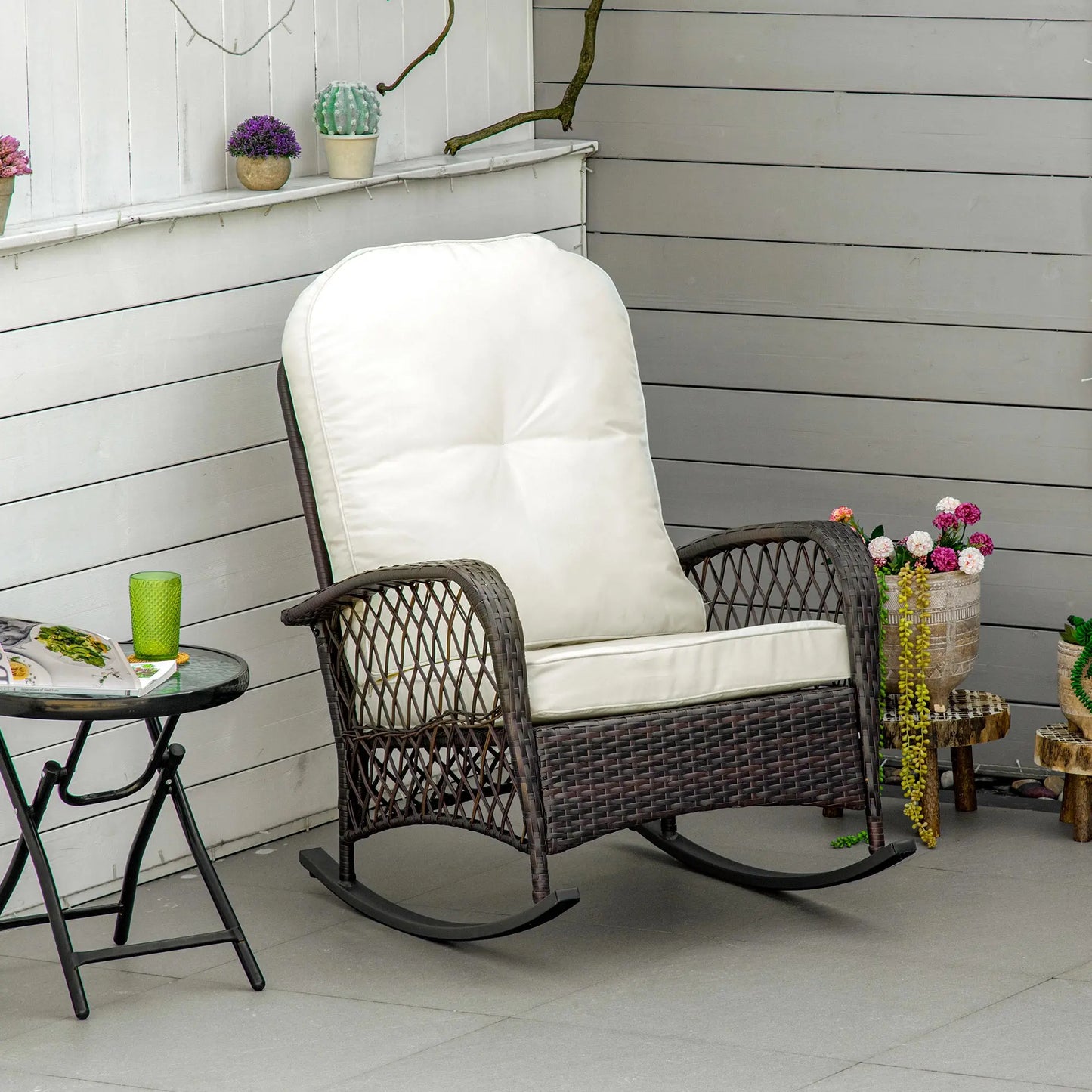 Outdoor PE Rattan Rocking chair, Wicker Porch Rocker w/ Soft Cushion, Cream