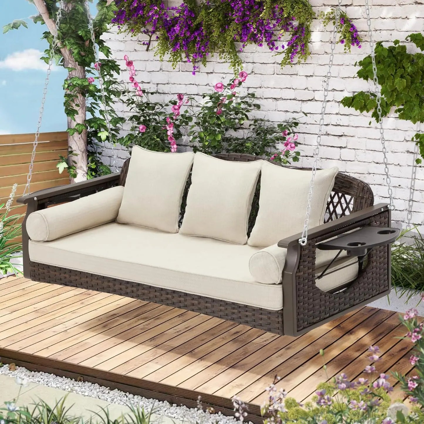 Three Seat Porch Swing With Cup Holders And Cushions