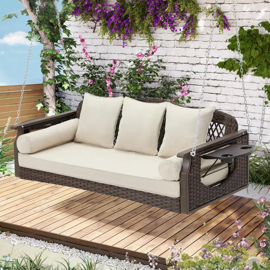 Three Seat Porch Swing With Cup Holders And Cushions