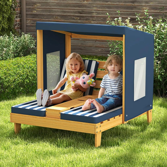 Kids Outdoor Wooden Lounge Chair With Canopy And Cup Holders