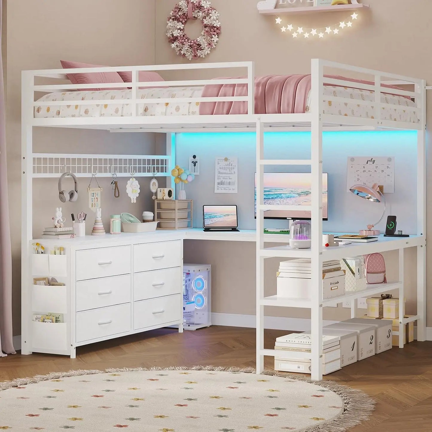 Loft Bed With U Shaped Desk LED Lighting Power Outlet And Storage