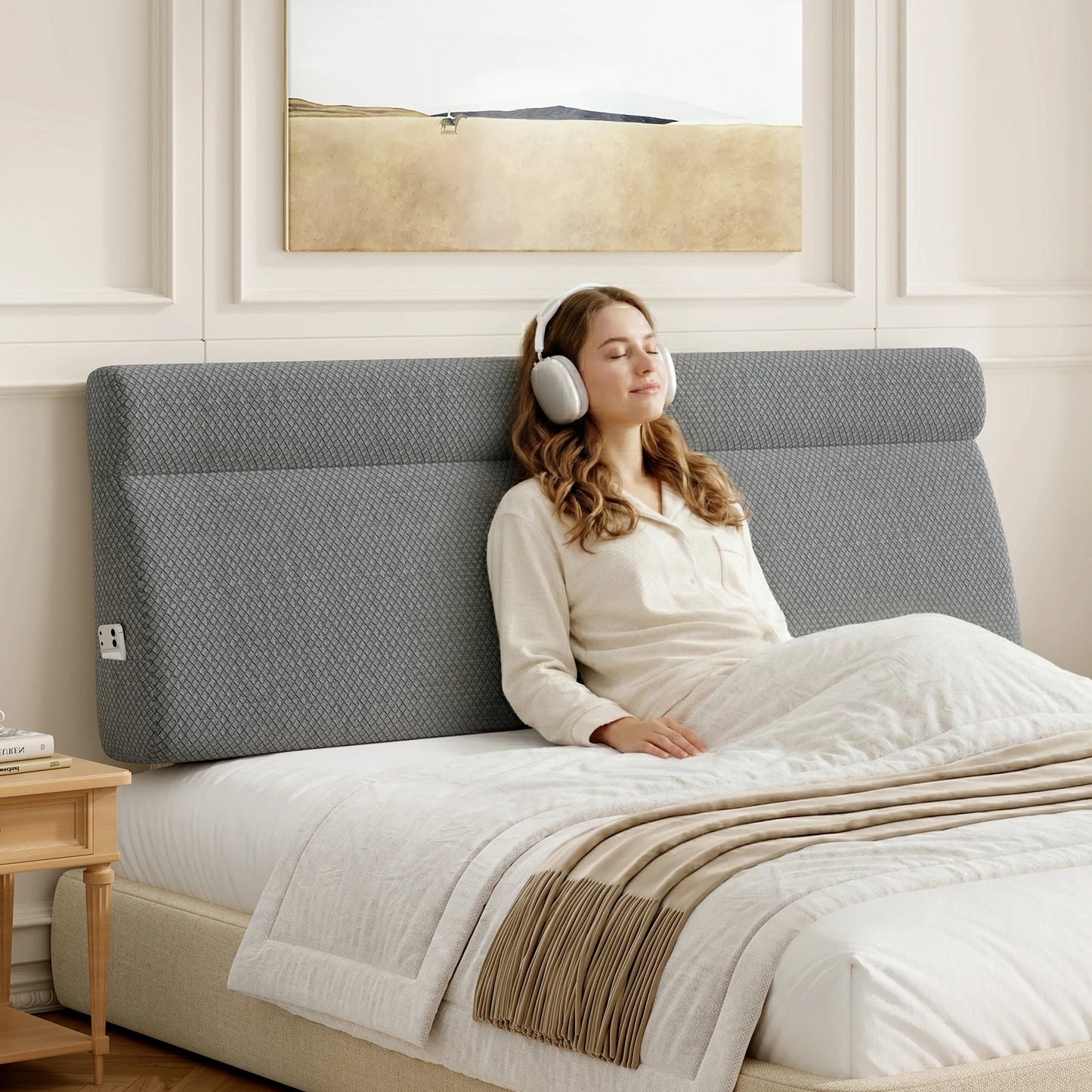 Headboard Pillow for Sitting in Bed with Neck Roll, Reading Pillow with Side Pocket, Back Support Cushion for Bed