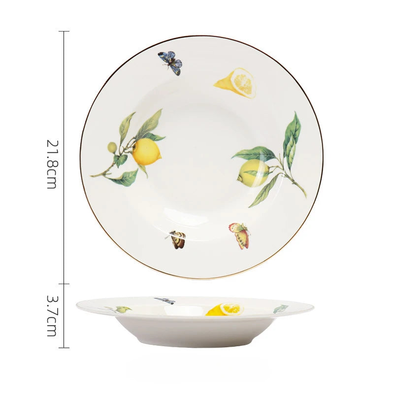 European Style Ceramic Dinner Plate Elegant Lemon Pattern