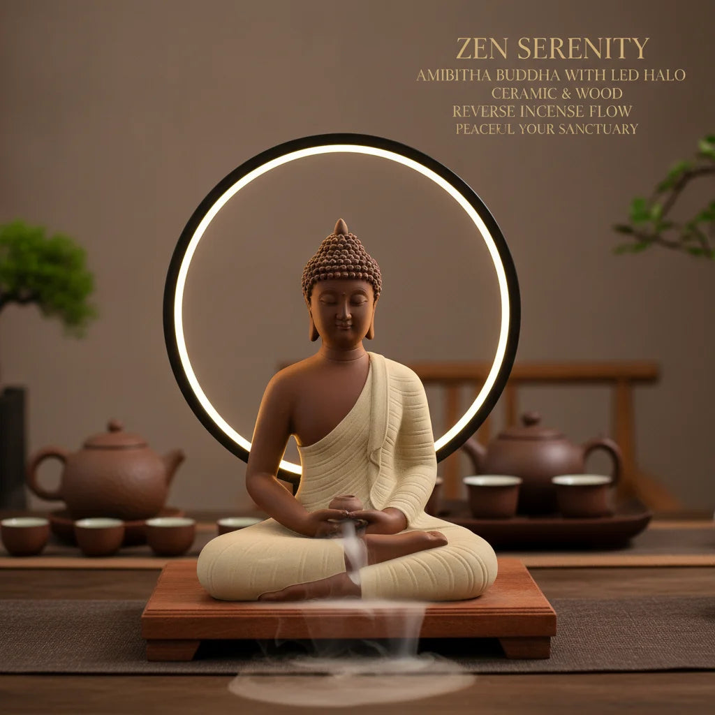 Ceramic Buddha Statue with LED Halo Ring Light, Amitabha Figurine on Wood Base, 6 Brightness Levels USB Powered, Meditation Home Decor, Purple Sand Yellow, 23x14x30cm
