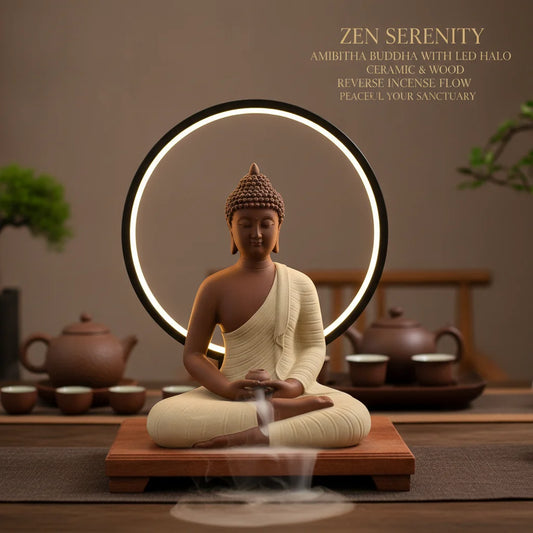 Ceramic Buddha Statue with LED Halo Ring Light, Amitabha Figurine on Wood Base, 6 Brightness Levels USB Powered, Meditation Home Decor, Purple Sand Yellow, 23x14x30cm