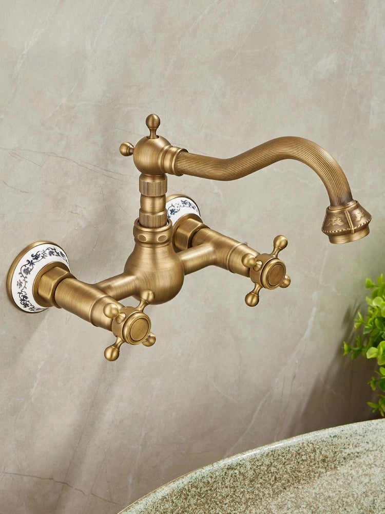 Brass Antique Wall Mounted Washbasin Faucets Double Handle Double Hole Rotatable Wall Mounted Retro Hot and Cold Faucet