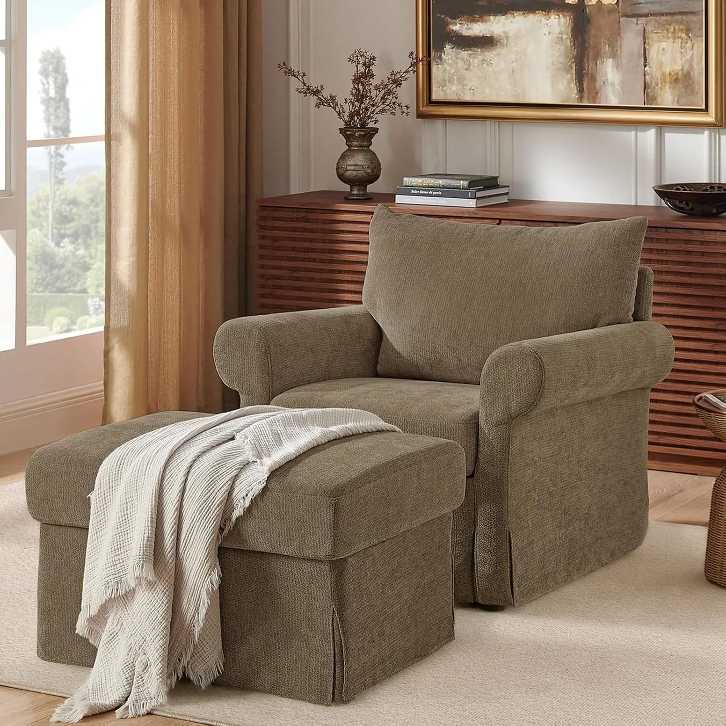 Modern Chenille Accent Chair With Ottoman Reading Armchair Cushion