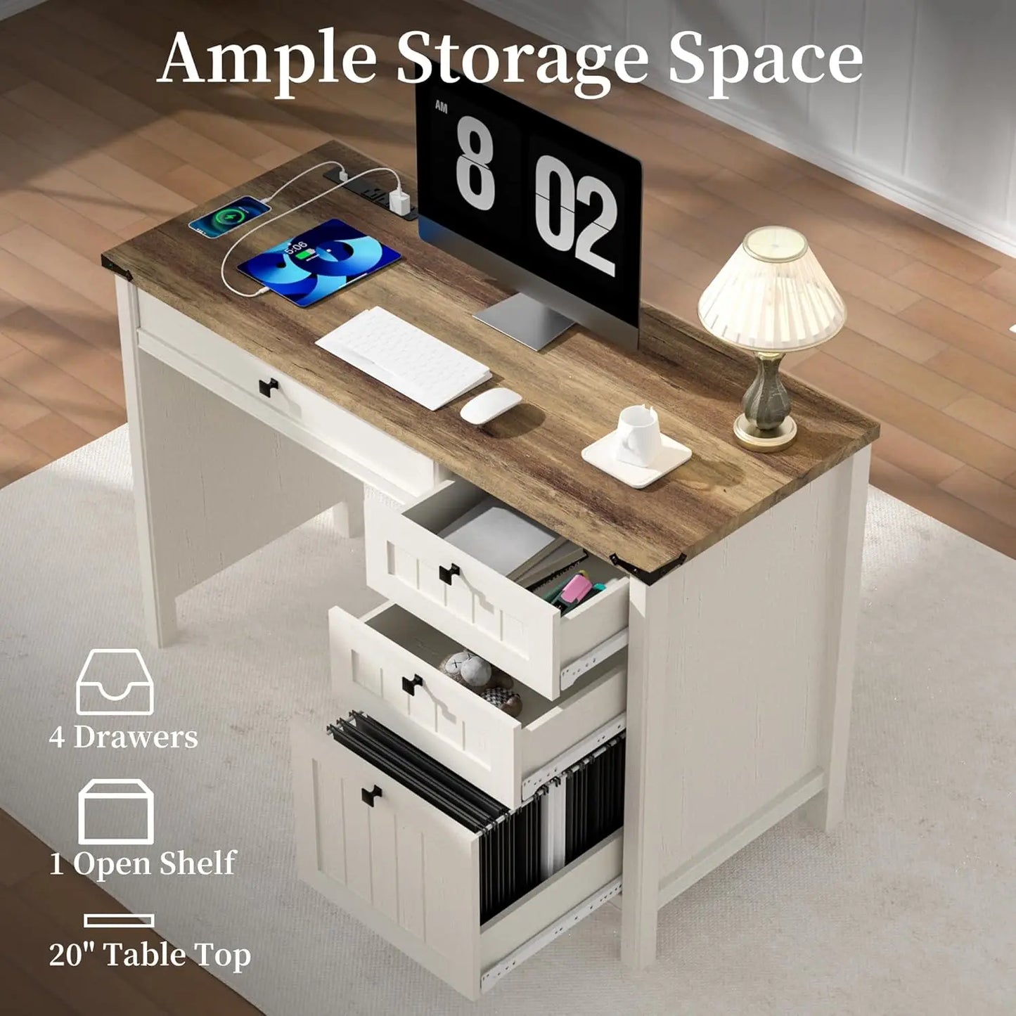 NONEDesk Executive Desk with File Cabinets and USB Charging Station