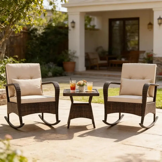 Outdoor Rocking Chairs Set o 2, 3 Piece PE Wicker Patio Bistro Set | Coee Table & Thick Cushions, Rattan Patio Rocker urniture o