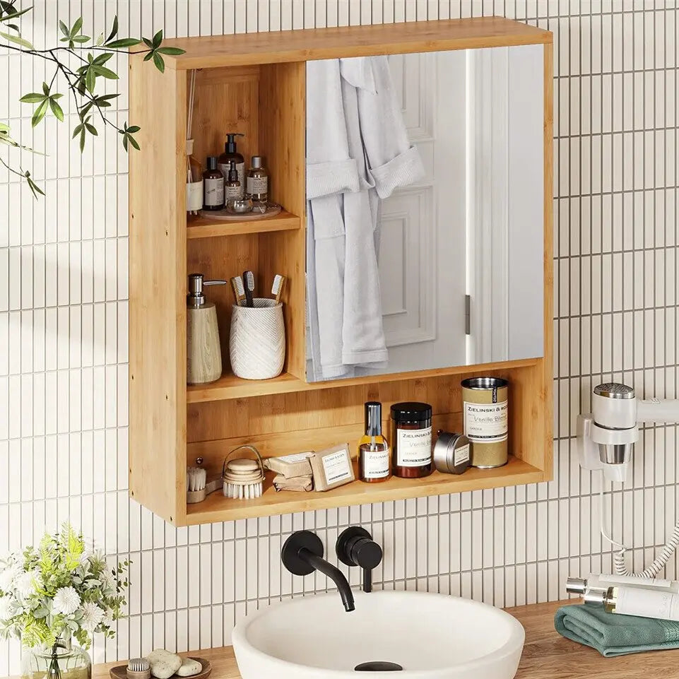 Wall Bathroom Cabinet with Mirror Door Bamboo Medicine Cabinet Storage Organizer