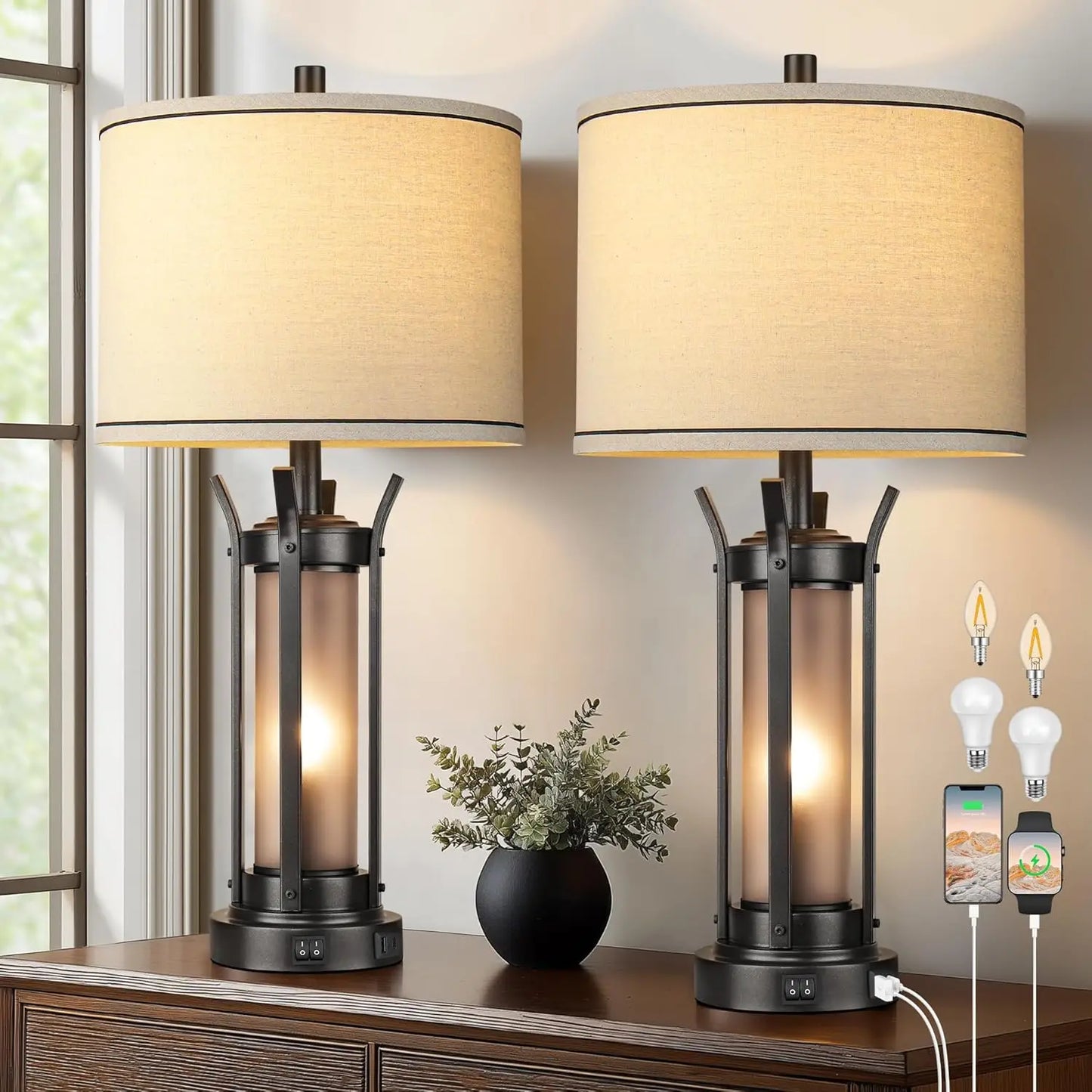 Farmhouse Table Lamps Set of 2 with USB Charging Ports, Frosted Glass Night Light, and LED Bulbs Included in Black
