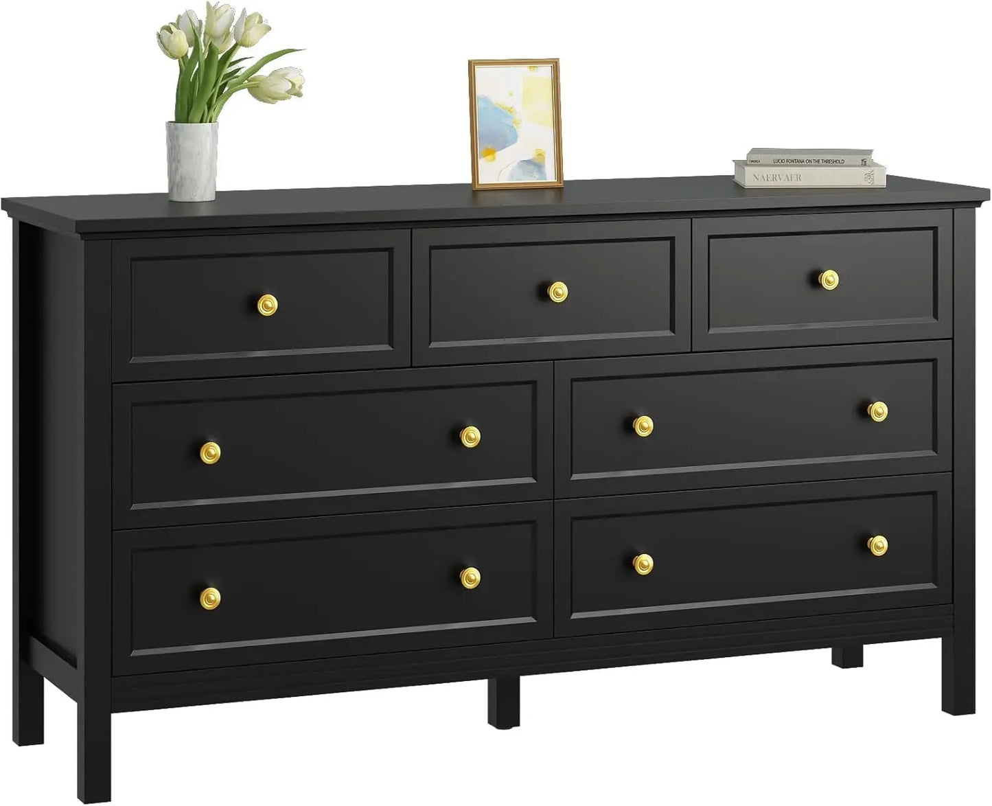 Black Dresser for Bedroom, 9 Drawer Dresser with Wide Drawers and Gold Metal Handles, 59" White and Gold Dressers TV Stand,