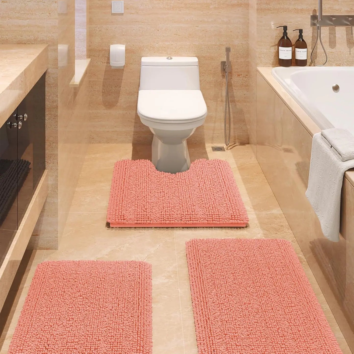 3-Piece Striped Bathroom Rug Set Ultra Soft Non-Slip Chenille