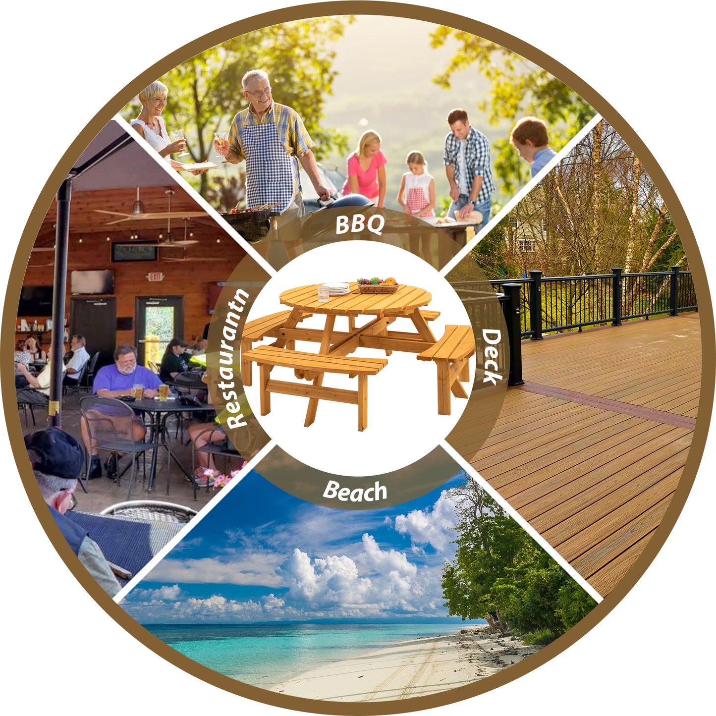 Solid Wood Round Outdoor Picnic Table Set with 4  Benches, Weather Resistant Patio Dining Furniture with Umbrella Hole for Garden Backyard Lawn BBQ Party