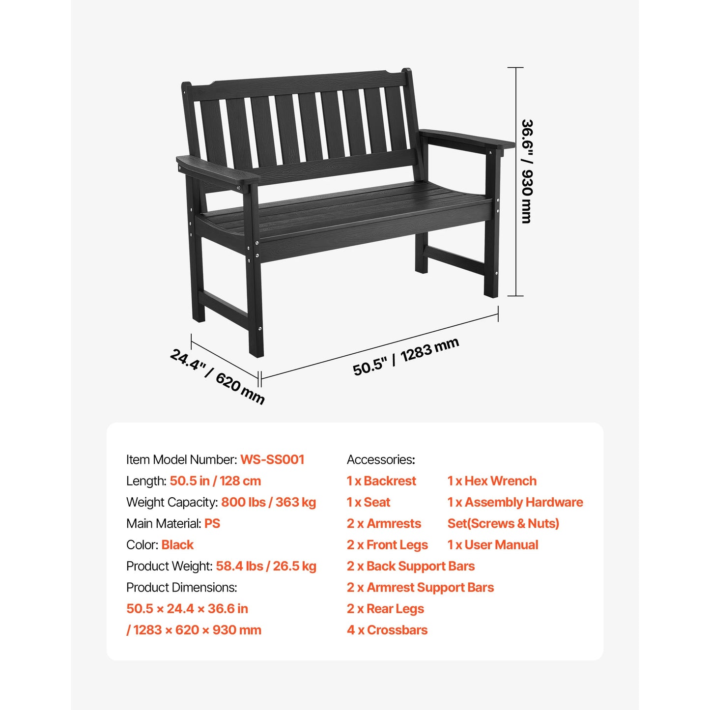 SucceBuy Outdoor Bench Wood Metal Garden Seating 480 Lbs Load Capacity