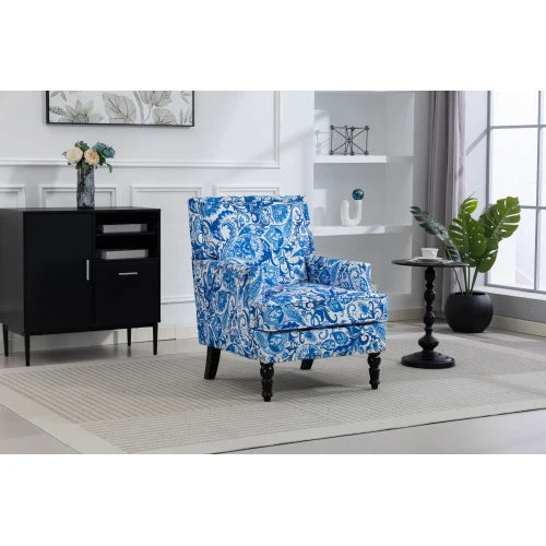 Upholstered Accent Chair, Vintage Armchair with Blue and white porcelain print Linen Fabric and Nailhead Trim for Living Room