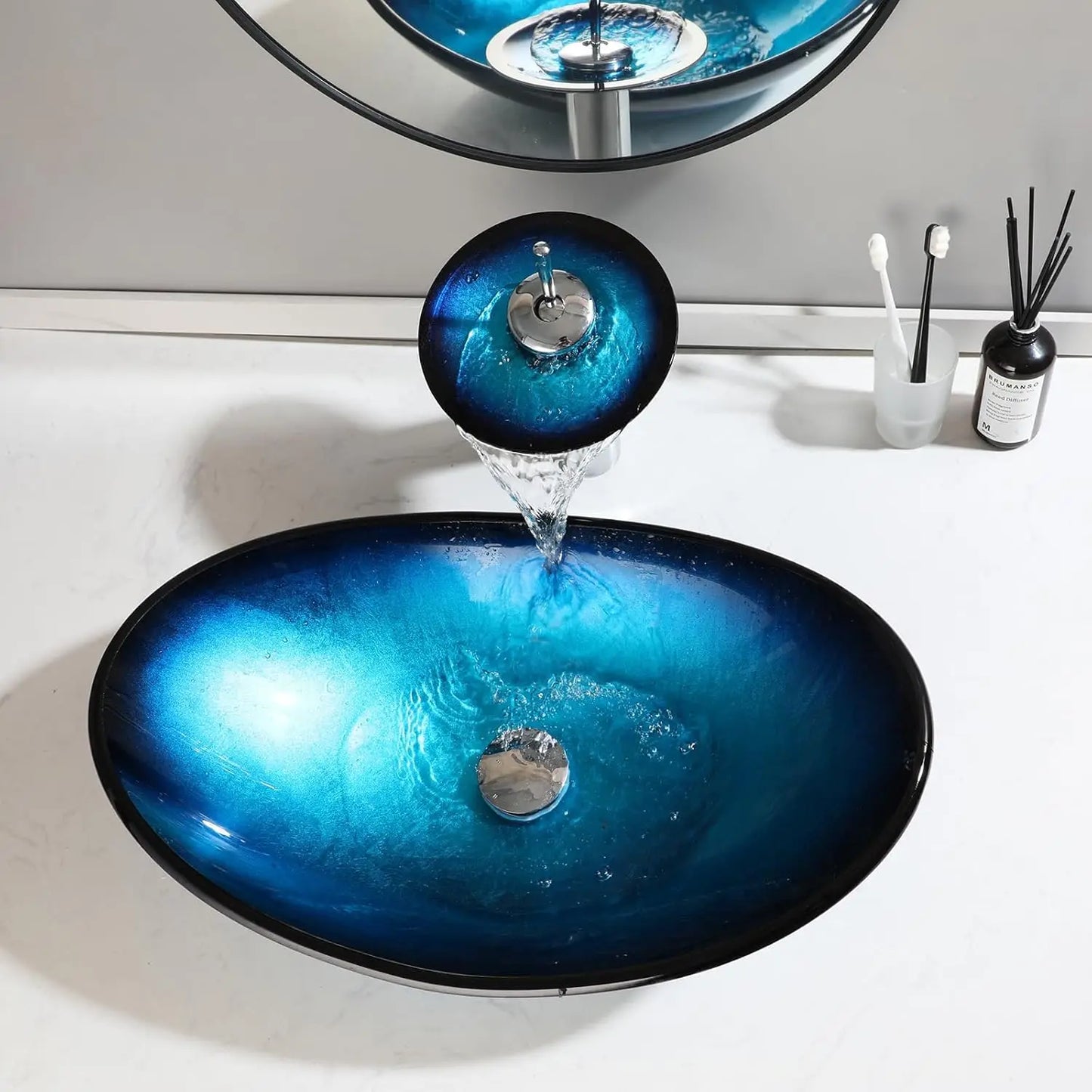 YANKSMART Oval Bathroom Vessel Sink With Waterfall Faucet