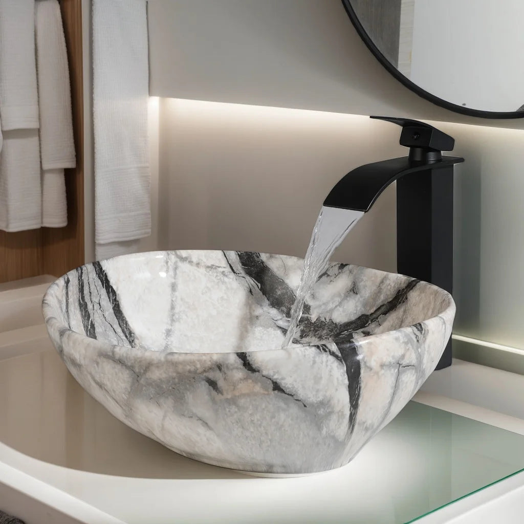 KEMAIDI Marble Pattern Ceramic Bathroom Vessel Sink Set, Multiple Shape Basin with Black Faucet Above-Counter Vanity Sink Kit