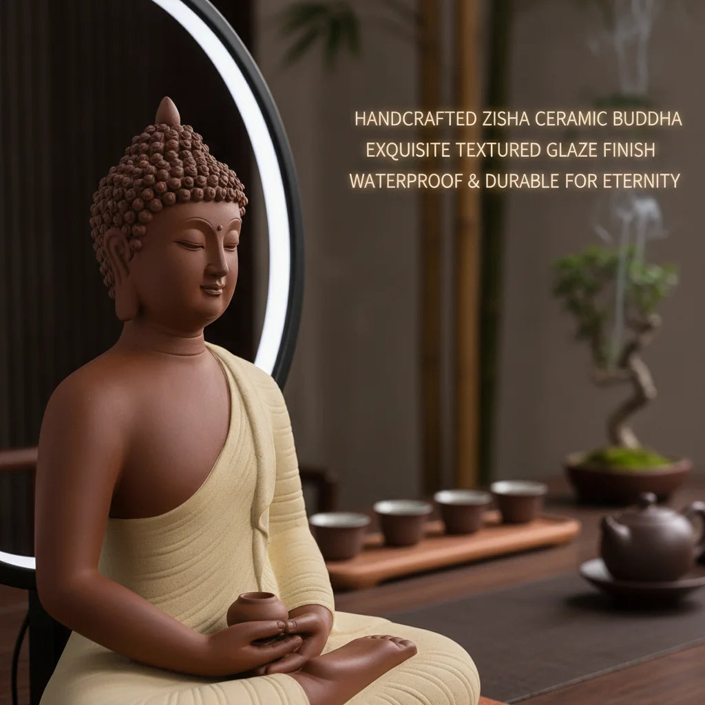 Ceramic Buddha Statue with LED Halo Ring Light, Amitabha Figurine on Wood Base, 6 Brightness Levels USB Powered, Meditation Home Decor, Purple Sand Yellow, 23x14x30cm
